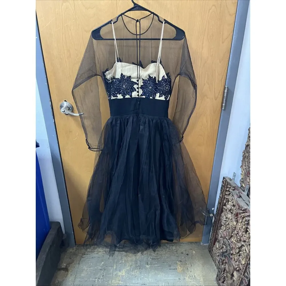 1940’s BENHAM Original Mesh Sleeve Sequined Bodice Evening or Cocktail Dress